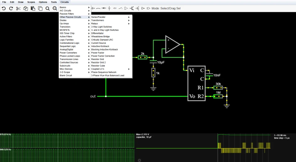 Falstad circuit simulator showing an op-amp based active filter circuit with live oscilloscope traces