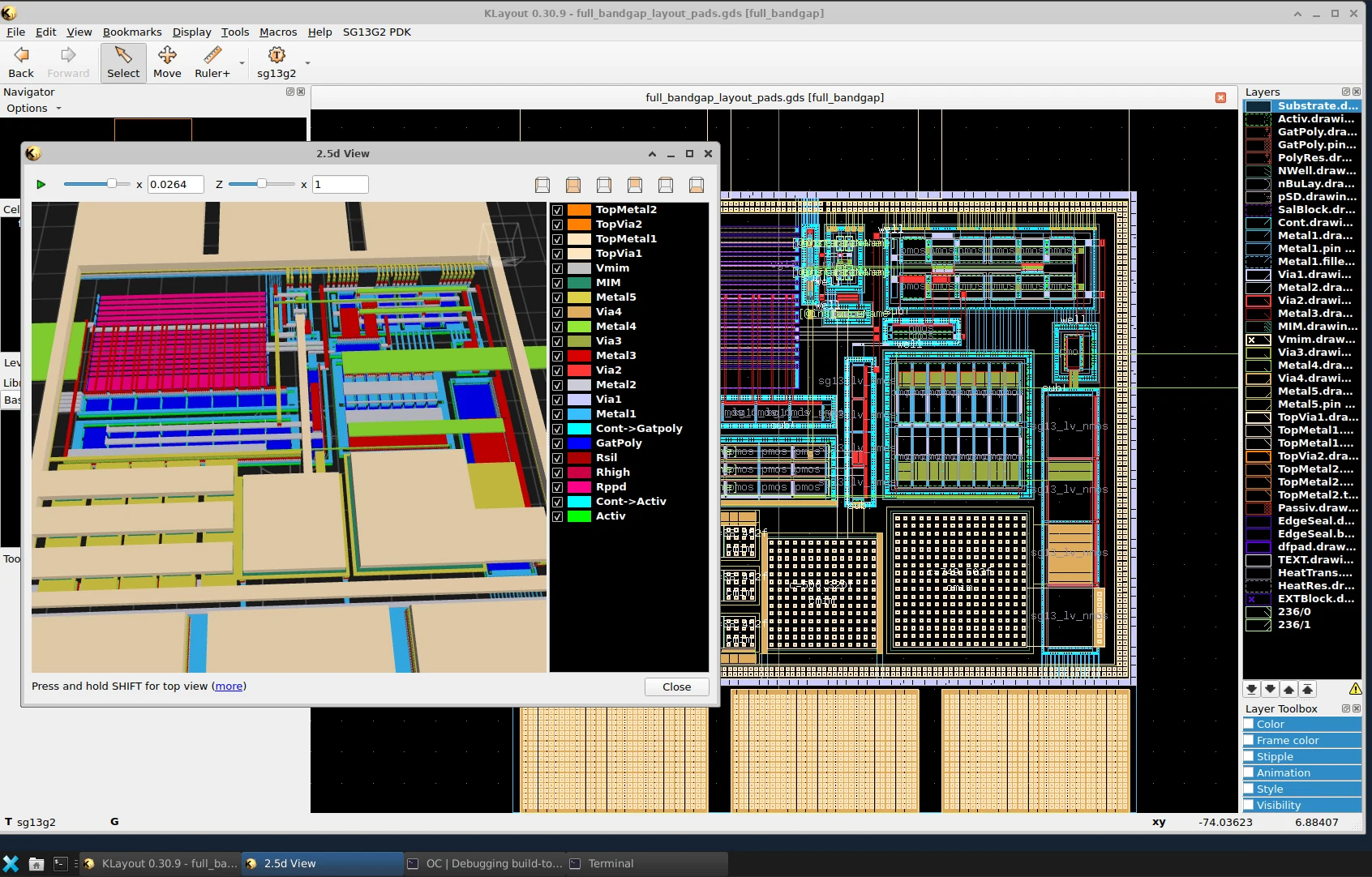 KLayout IDE showing an analog IC layout with a 2.5D view of a bandgap reference circuit