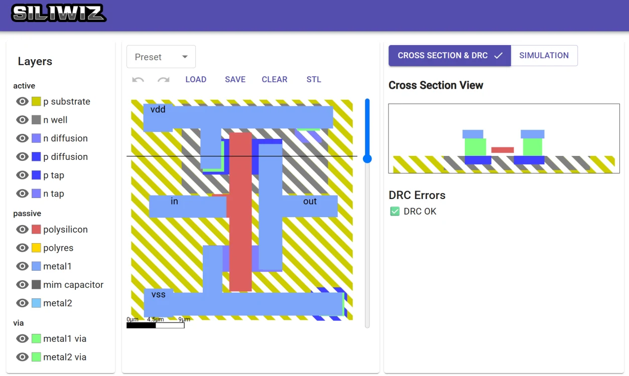 SILIWIZ layer editor from the Tiny Tapeout Advanced Workshop, showing a transistor cross-section with DRC OK