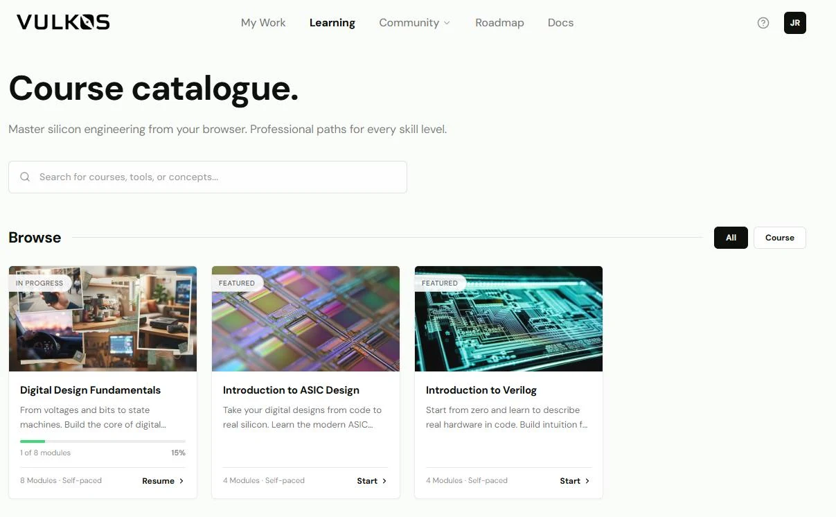 Vulkos course catalogue, showing the Digital Design Fundamentals, Introduction to ASIC Design and Introduction to Verilog courses
